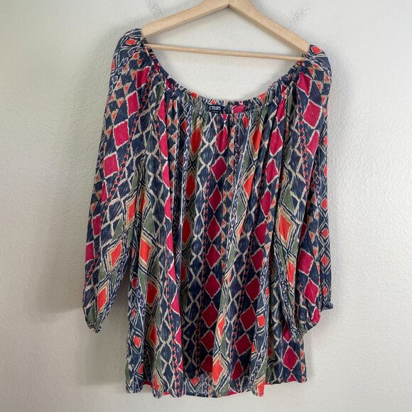 Chaps Womens Plus 3X Ikat Peasant Top Long Sleeve Boho Blouse Shirt - Picture 5 of 7